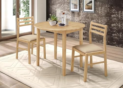CARTESIAN 3-Piece Drop Leaf Dining Set, Natural Wood Table and 2 Chairs with Beige Cushions, Small Space Kitchen Furniture CARTESIAN