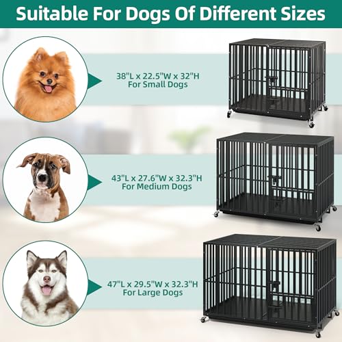 YITAHOME Heavy Duty Indestructible Dog Crate, 47/43/37 inch Escape Proof Dog Cage Kennel with Lockable Wheels, High Anxiety Dog Crate, Extra Large Crate Indoor for XL Large Dog with Removable Tray