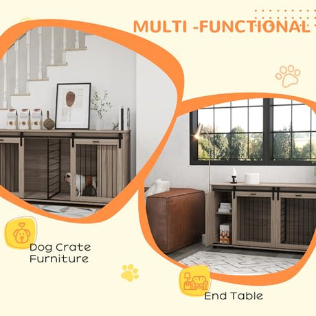 PawHut Dog Crate Furniture with Removable Divider for 2 Small Dogs or 1 Large Dog, 71" Modern Kennel Furniture End Table with Storage, Double Doors, Walnut PawHut