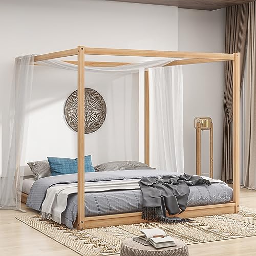 Favfurish Natural King Size Canopy Platform Bed Frame with Support Legs Favfurish