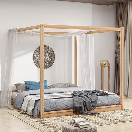 Favfurish Natural King Size Canopy Platform Bed Frame with Support Legs Favfurish
