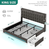YITAHOME King Size Bed Frame with 4 Drawers and RGB LED Lights, Velvet Upholstered Platform Bed with Charging Station and Storage Headboard, No Box Spring Needed, Easy Assembly, Noise-Free, Grey YITAHOME