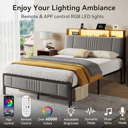 BedsPick Full Size Bed Frame with Ergonomic Headboard, Upholstered Metal Platform Bed Full with 2-Tier Storage, Charging Station, Smart LED Lights, Easy Assembly, No Box Spring Needed, Gray BedsPick