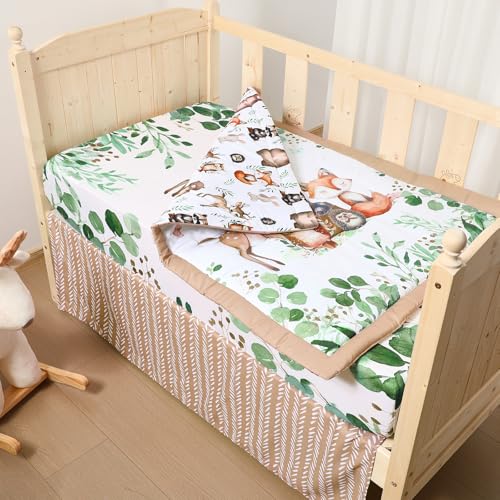 Hahafelt 3 Pcs Baby Crib Bedding Set Safari Animals Dinosaurs Bear Woodland Animals Jungle Crib Set Includes Quilt, Fitted Sheet, Skirt for Baby Boy Girl(Green,Woodland Raccoons Deer Etc.) Hahafelt