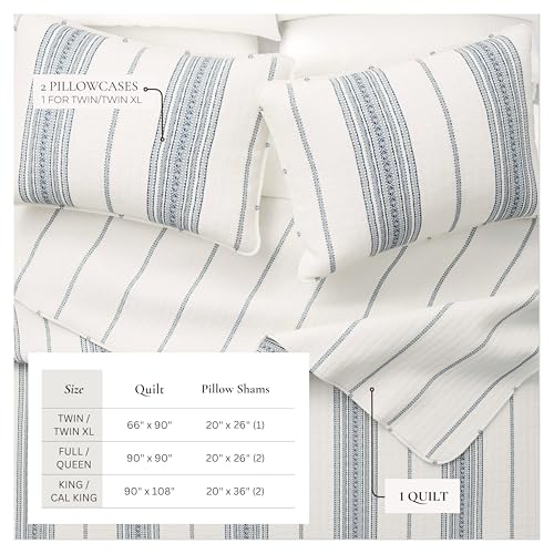 Great Bay Home Full/Queen Reversible Quilt Bedding Set - All Season, Modern, Lightweight Bedspreads - White & Navy Striped Coverlets (Includes 1 Quilt, 2 Pillow Shams) Great Bay Home