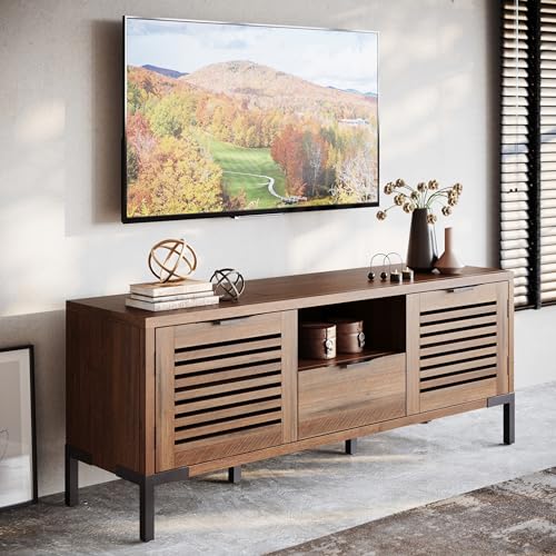 Bme 63 Inch Modern Farmhouse 5 Minutes Assembled 2 Doors & 1 Drawer, Console Table 65 Inches, Living Room, Millie Rustic TV Stand, Rustic Chestnut Bme
