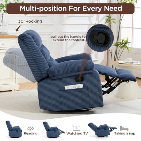360° Swivel Rocker Recliner Chair for Adults, Nursery Manual Reclining Chair with Arms and Back, Upholstered Glider Rocking with Side Pockets for Living Room, Bedroom Nursing use, Corduroy, Blue FiveWillowise