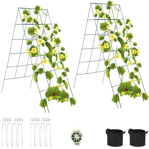 Toriexon Foldable Cucumber Trellis 2 Pack, 46" L X 18" W A-Frame Garden Trellis, Steel Climbing Plants Support Raised Bed Trellis with Twist Ties & Plant Bags for Climbing Plants Outdoor Toriexon