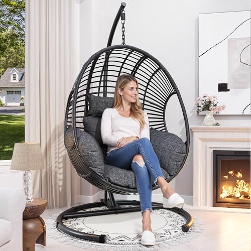 CHINNLUU Oversized Hanging Egg Chair Outdoor Wicker Swing Chair with Stand Rain Cover UV Resistant Cushion 400lbs Capacity for Patio, Garden and Balcony CHINNLUU