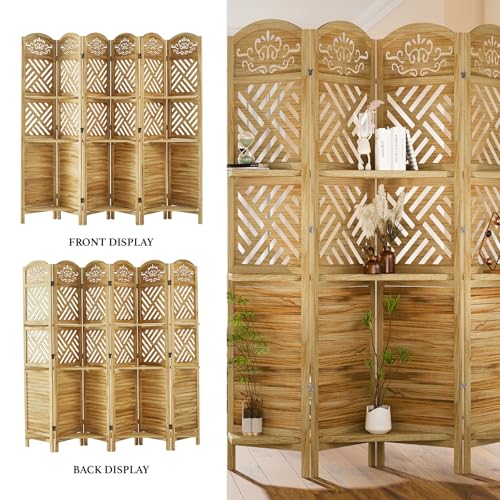 Room Divider with Shelves, 5.75ft Tall Folding Wood Carved Screen with Double Hinges for Home Office Bedroom Hotel Decoration (6 Panels, Natural) Svimi
