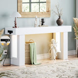 Unikito 63'' Farmhouse Console Table with Power Outlets and Sensor Light, Wooden Entryway Table with Storage, Rectangular Sofa Tables Behind The Couch for Entrance, Hallway, Living Room, Antique White Unikito