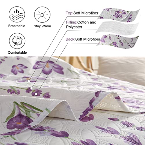 Ycosy Quilt Set King Size Floral Bedspread Coverlet King Quilts Set Bedding Summer Lightweight Floral Quilt Bedding Reversible Quilt Bedspread Plant Green Leaves Purple Flower Home Quilts Collections Ycosy