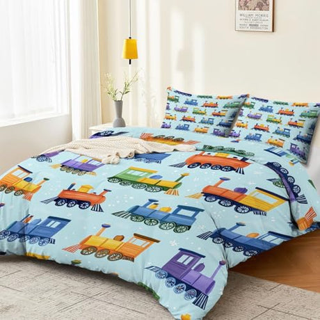3-Piece Double-Sided Printed Duvet Cover Set Single – Soft Microfiber Bedding with Minimalist Children Cartoon Design with Zipper Closure,Includes 1 Duvet Cover + 2 Pillowcases Blue Generic