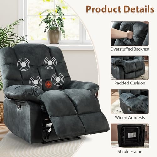 ANJ Massage Recliner Chair with Heat for Adults, Manual Recliners with Soft Fabric, Ergonomic Reclining Sofa with Overstuffed Armrests and Backrest, Single Recliner Chairs for Living Room, Dark Green