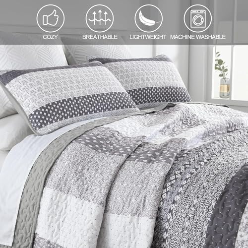 WONGS BEDDING Grey Quilt King Size, Bohemian Stripe Quilt Sets 3 Pieces Boho Quilted Bedspread Set Lightweight Microfiber Coverlet Bedding Set All Season (104"x90") WONGS BEDDING