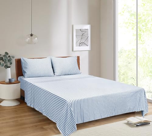 Mejoroom Striped Full Size Sheets - 1800TC Luxury Full Sheets with 16 Inch Deep Pocket - Premium Bedding Collection - Extra Soft, Breathable, Wrinkle, Fade & Stain Resistant - 4 Piece (Blue Stripe) Mejoroom
