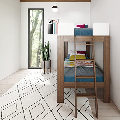 Max & Lily Mid-Century Modern Twin Over Twin Solid Wood Bunk Bed in Walnut/White Max & Lily