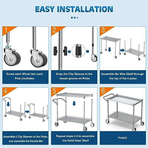 Leteuke 2 Tier Utility Tool Cart with Wheels, Heavy Duty Rolling Utility Carts with Handle, Commercial Grade Metal Serving Storage Cart for Warehouse Garage Kitchen, 25" D x 38.98" W x 40" H-Silver