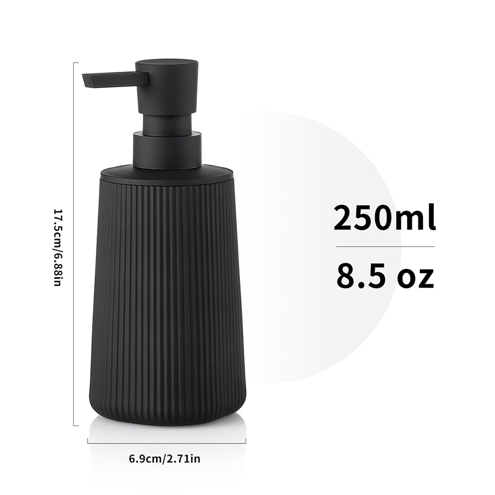 Small Soap Dispenser for Bathroom and Kitchen, Modern Farmhouse Striped Style Plastic Hand Soap Dish Soap Dispenser with Pump Matte Black YAUKPH