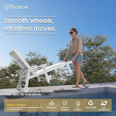 THOEOE Patio Chaise Lounge Chair, Lounge Chair Outdoor with 5 Positions, HDPE, Patio Lounge Chair with Wheels & Cup Holder for Pool, Deck, Poolside,White THOEOE