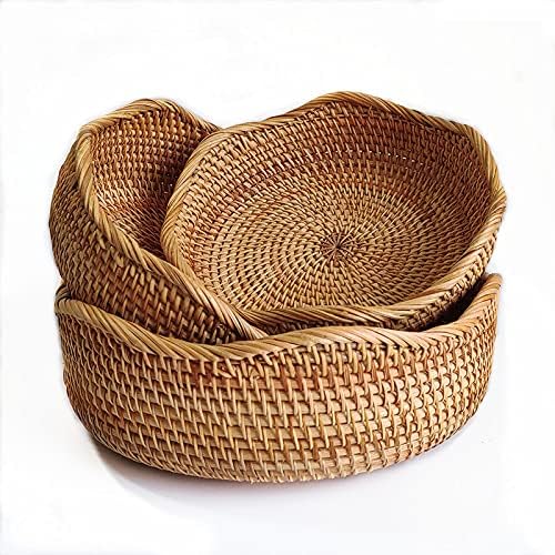 YANGQIHOME Rattan Bread Basket, Round Fruit Baskets, Wicker Storage Bowls, Natural Woven Serving Basket Bowls, Decorative Baskets for Kitchen Counter Organizing, Gift Basket, Set of 3