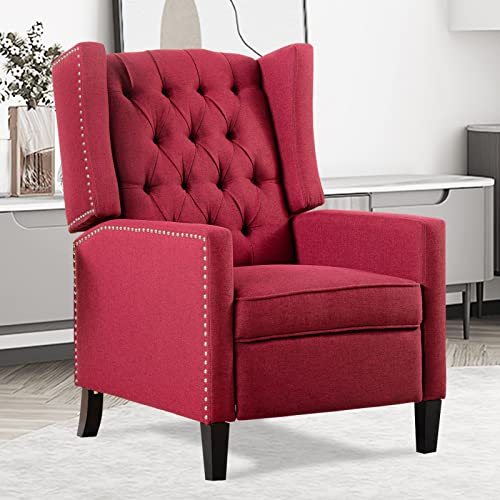 Recliner Chair for Adults Red Fabric Accent Chairs Living Room Mid-Century Modern Recliner Button Tufted Club Chair Upholstered Vintage Reclining Reading Arm Chair 27" Wide