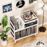 Uoders Record Player Stand with Vinyl Storage, Mid-Century Modern Turntable Stand Holds 150+ Albums, Record Player Table with Metal Dividers, Wood Media Console for Living Room (White, Single-Sided Small) UODERS