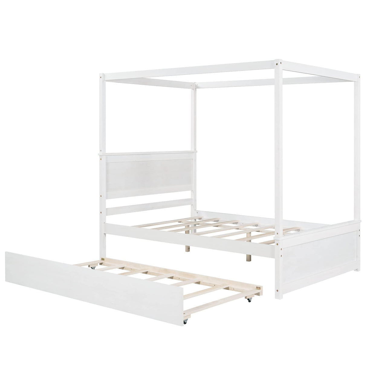 SOFTSEA Full Size Canopy Bed Frame with Trundle, Solid Wood Bed Frame with Headboard for Bedroom, No Box Spring Needed, White SOFTSEA
