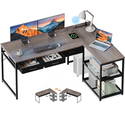 AODK 53 Inch L Shaped Computer Desk with Drawers, Corner Desk with Power Outlets & Reversible Storage Shelves, for Home Office Gaming, Oak Grey AODK