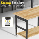 96” Adjustable Work Bench, 2-Layer Heavy Duty Workbench, 6000 LBS Capacity Workbench with Pegboard & Power Outlet, Rubber Wood Work Table for Garage, Office, Workshop, Home FIXCHIGO