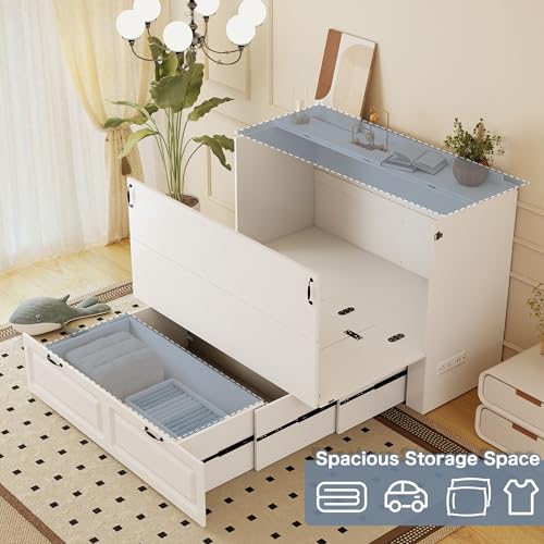 Jotirxe Full Size Murphy Bed with Storage & Charging Station, Modern Cabinet Bed with Foldable Platform, Hideaway Beds with Drawers for Small Spaces, Office, Guest Room, White Jotirxe
