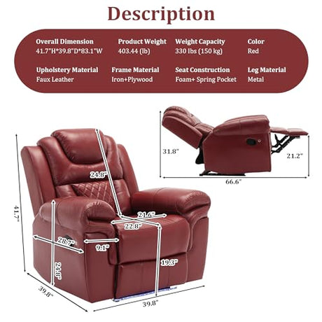 Olodumare Leather Recliner Chair with Adjustable Backrest, Modern Home Theater Seating with LED Light Strip for Living Room, Bedroom, Home Theater, RV(Wine Red) Olodumare