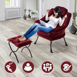 Congermom Lazy Chair with Folding Ottoman,Leisure Sofa Chair,Soft Fabric Armchair with Armrests and Side Pockets, Reading Chair with Footrest for Living Room, Bedroom, Office (Plush Red)