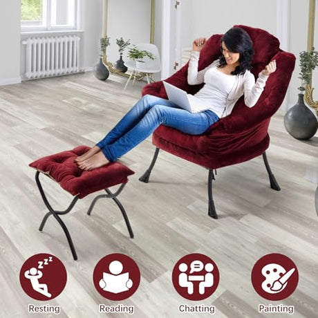Congermom Lazy Chair with Folding Ottoman,Leisure Sofa Chair,Soft Fabric Armchair with Armrests and Side Pockets, Reading Chair with Footrest for Living Room, Bedroom, Office (Plush Red) Congermom