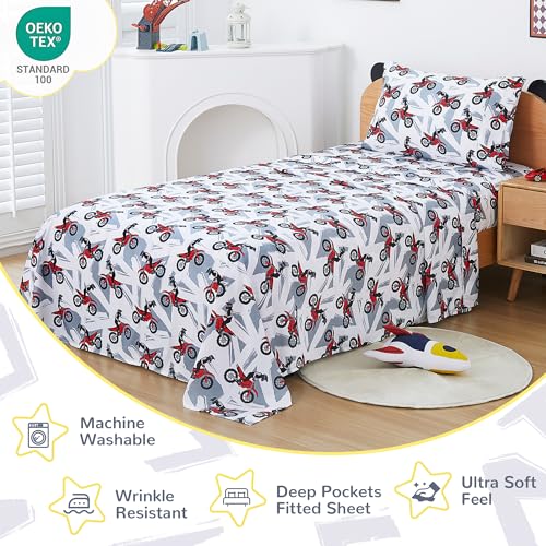 Viviland 3 Pieces Boys Grey Twin Sheet Set - Soft Microfiber Fitted Flat Sheets & Pillowcase - Red Motorcycle Print Bedding Sets - for Kids & Toddlers Viviland