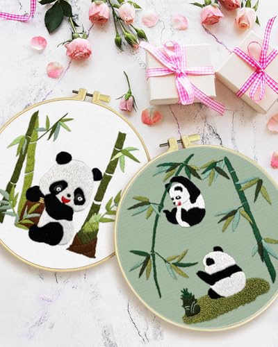 ERKOON 4 Sets Embroidery Kit for Beginners, Animal Cross Stitch Set for Adult Include Embroidery Cloth Hoops Threads for Craft Lover Hand Stitch (Panda) ERKOON