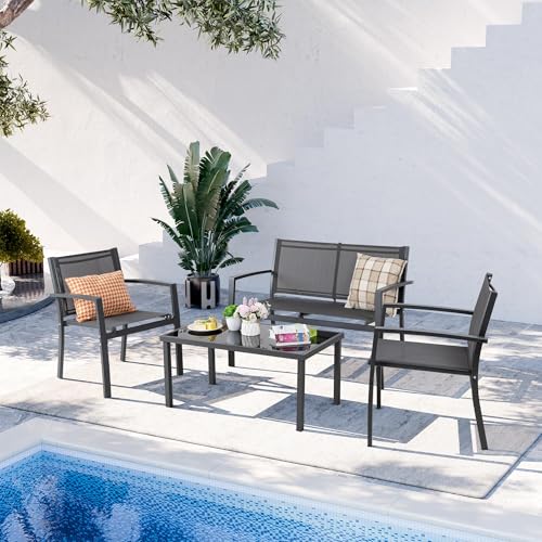 Shintenchi 4 Pieces Patio Furniture Set All Weather Textile Fabric Outdoor Conversation Set, with Glass Coffee Table, Loveseat, 2 Single Chairs for Home, Garden, Lawn, Porch（Gray） Shintenchi