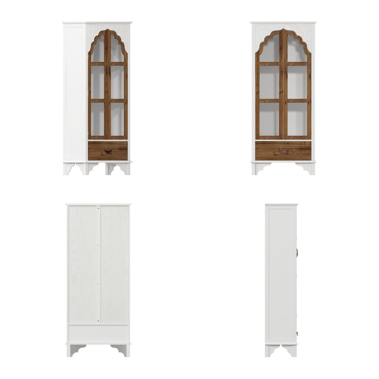 TAMUNE Carved Storage Cabinet with 2 Glass Doors & Drawer, Pooja Mandir with 3-Tier Shelves, Decorative Cabinet Display Cabinet for Living Room White and Walnut (31.5”W x 15.7”D x 70.9”H) TAMUNE