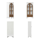 TAMUNE Carved Storage Cabinet with 2 Glass Doors & Drawer, Pooja Mandir with 3-Tier Shelves, Decorative Cabinet Display Cabinet for Living Room White and Walnut (31.5”W x 15.7”D x 70.9”H) TAMUNE