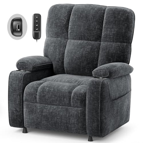 AMADA HOMEFURNISHING Power Recliner Chair for Adults, One-Touch Synchronized Electric Recliner with USB Ports, Cup Holder & Side Pockets, Thick Seat Cushion, Chenille, Living Room & Bedroom AMADA HOMEFURNISHING