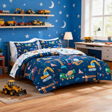 Holawakaka Trucks Tractors Cars Boy Bedding Comforter Set with Sheets, Full Size Cartoon Construction Car Excavator Print Kids Bed in A Bag 5-Piece, Boys Reversible Dorm Bed Sets (Navy Blue Full) Holawakaka