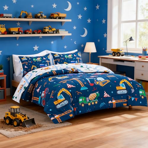 Holawakaka Trucks Tractors Cars Boy Bedding Comforter Set with Sheets, Twin Size Cartoon Construction Car Excavator Print Kids Bed in A Bag 5-Piece, Boys Reversible Dorm Bed Sets (Navy Blue Twin) Holawakaka