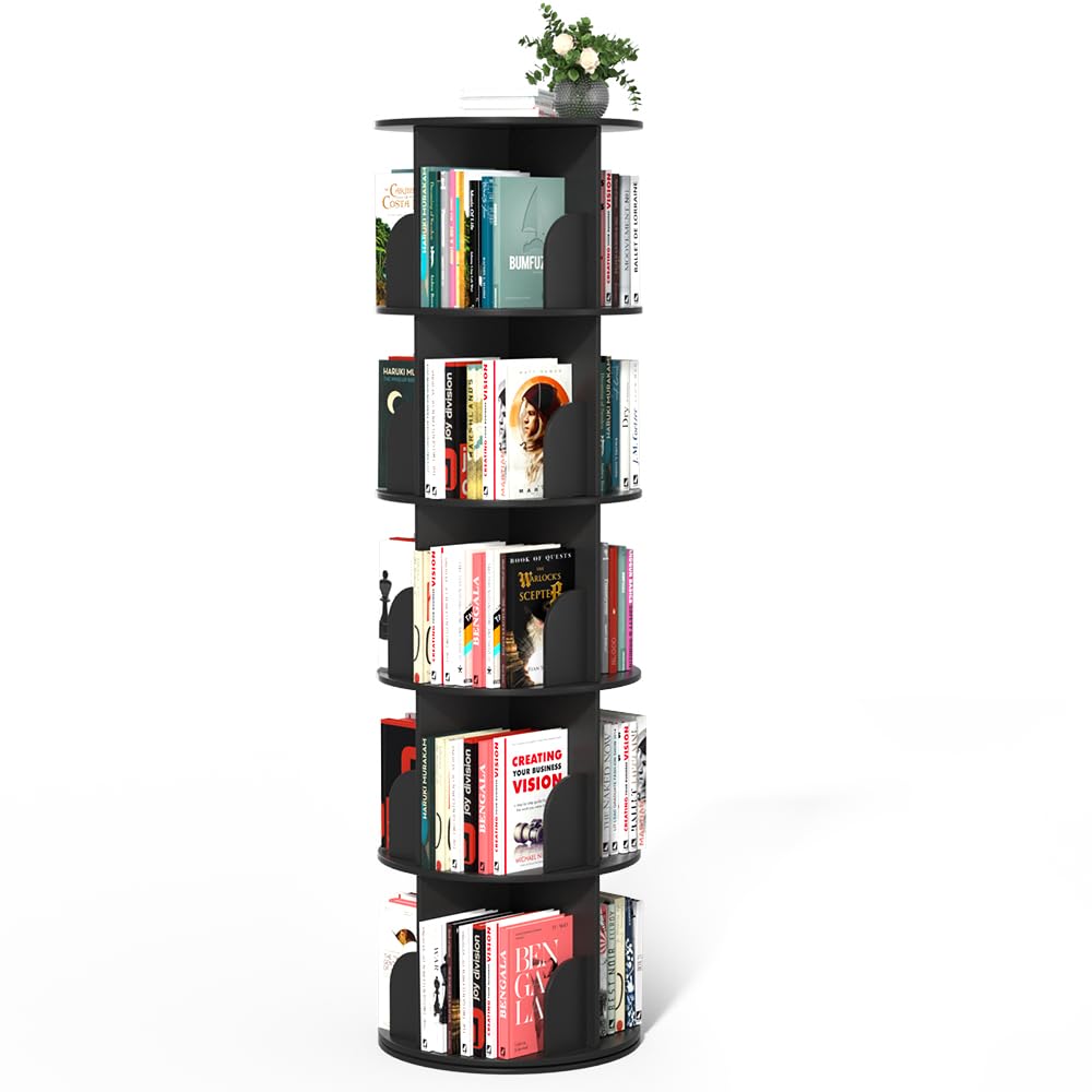 Nidouillet Rotating Bookshelf Tower, 5 Tier Spinning Bookcase Lazy Susan, Revolving 360 Book Shelf Storage Round Organizer, Vertical Rotate Turning Corner Book Case for Small Space, Black Nidouillet
