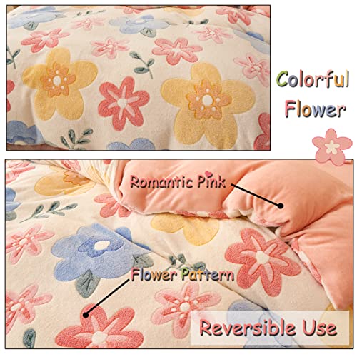 LMONMOO Pink Duvet Cover Queen Size, Fluffy Comforter Cover Set, Kawaii Bunny Bedding Sets for Girl Ultra Soft Cute Floral Bed Set for Kids (Flower, Queen) LMONMOO