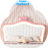 Linique Full Size Upholstered Bed Frame with LED Lights, Modern Upholstered Princess Bed with Crown Headboard, White+Pink Linique