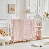 3 Pieces Tufted Stripes Crib Bedding Set with Ruffle Fringe, Pink Ruffled Comforter with Fitted Sheet and Bed Skirt , Soft and Embroidery Shabby Chic Boho Bohemian Jacquard Design for Baby Girls Boys Flysheep