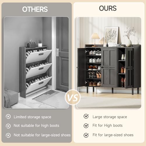 ONBRILL Shoe Cabinet with 3 Doors and Adjustable Shelves, 30 Pairs Shoe Storage Cabinet, 40 Inch Tall Farmhouse Shoe Rack Shoe Organizer Cabinet for Entryway Living Room Closet, Black ONBRILL