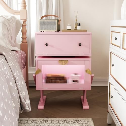 May in Color End Table with LED Light Strips, Modern Bedside Table with 360° Rotating Drawer, Creative End Table with Storage, Wood Night Stand Cabinet for Living Room, Bedroom, Nursery, Pink May in Color