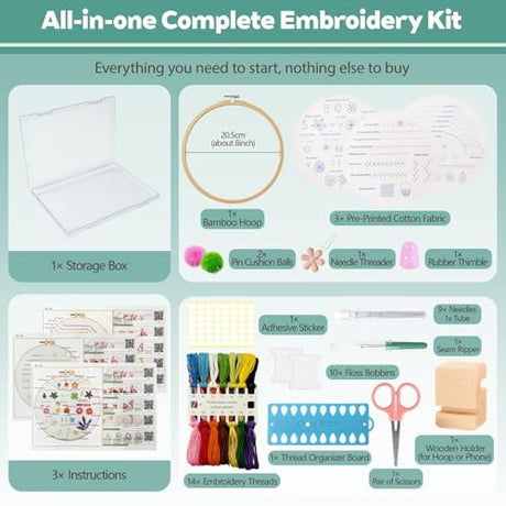 CLRDIVA First Embroidery Kit for Beginners: Pre-Printed Needlepoint Starter Kits with Complete Tools & Step-By-Step Videos Guide - Zero Stress to Learn 31 Stitches - Adults Relaxing DIY Craft Hobby CLRDIVA