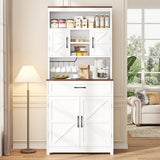 kepptory 69" Tall Farmhouse Kitchen Pantry Cabinet, Kitchen Hutch Bar Cabinet with Drawers&Cup Holder, Large Wooden Storage Cabinets with Barn Doors&Microwave Stand, Cupboard for Dining Room(White) kepptory